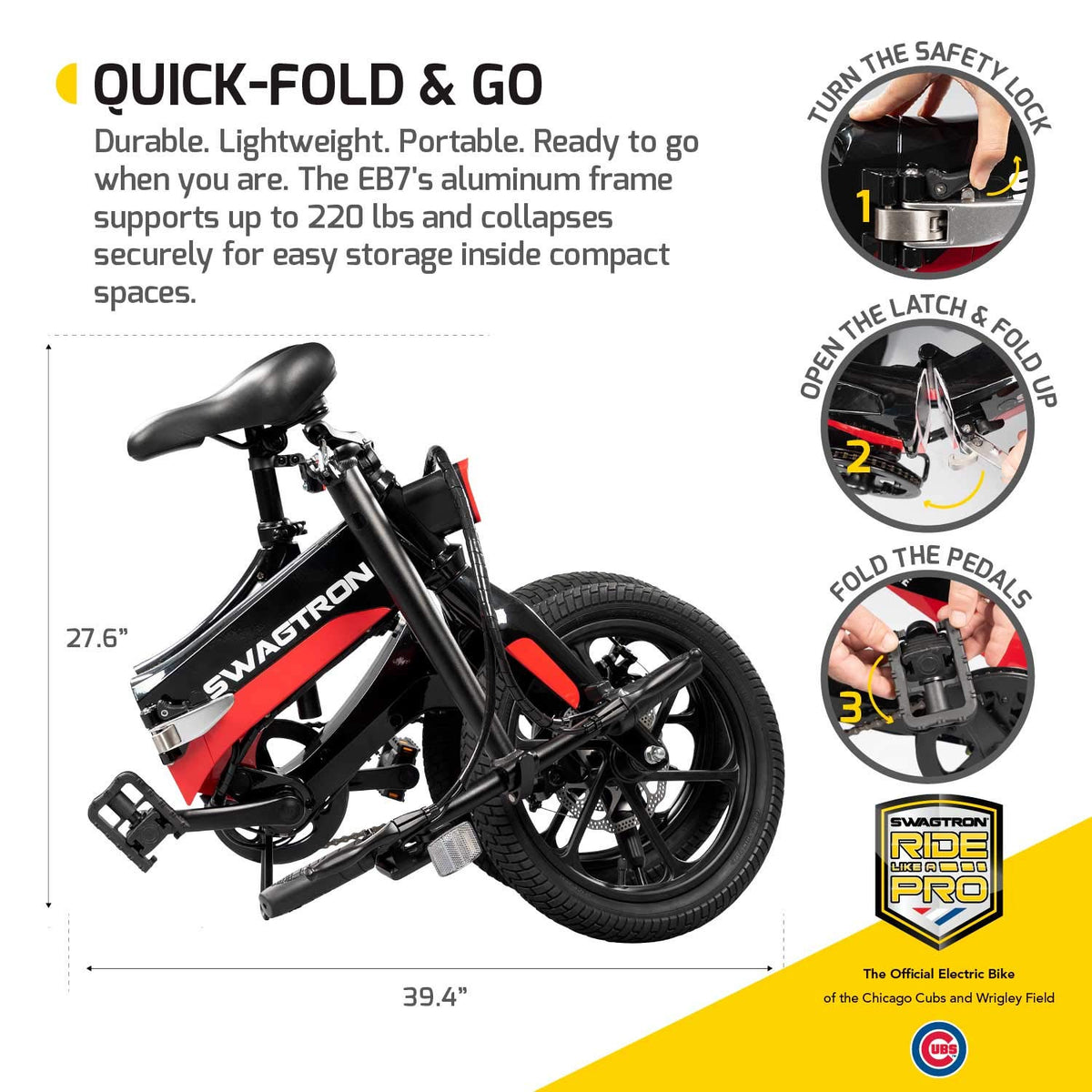 SWAGTRON SWAGCYCLE EB7 Elite Electric Bike, Folding Commuter EBike